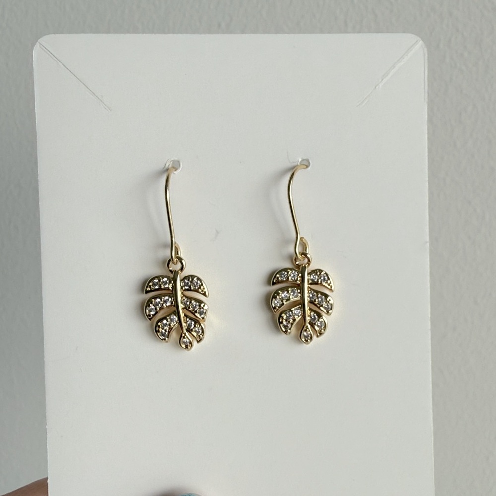 72. CZ Crystal monstera leaf earrings dainty gold tone